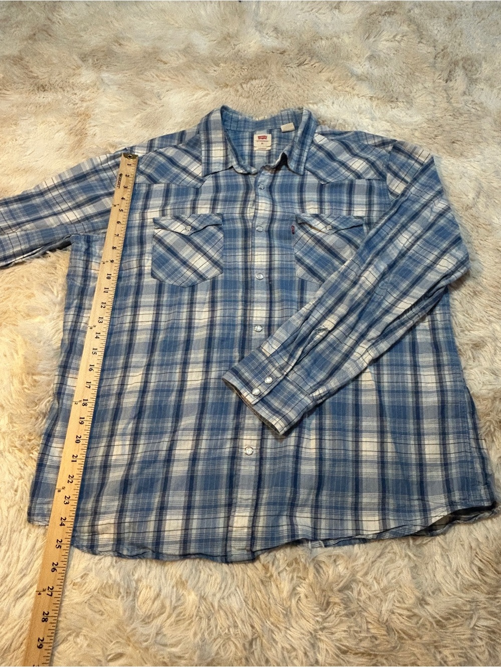 Levi's Blue and White Plaid Long-Sleeve Button-Down Shirt with Pearl-Snaps